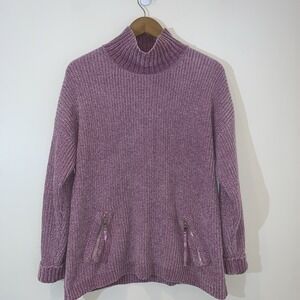 Elena Wang Womens Sweater Medium Lavender Mock Neck Ribbed Decorative Pockets